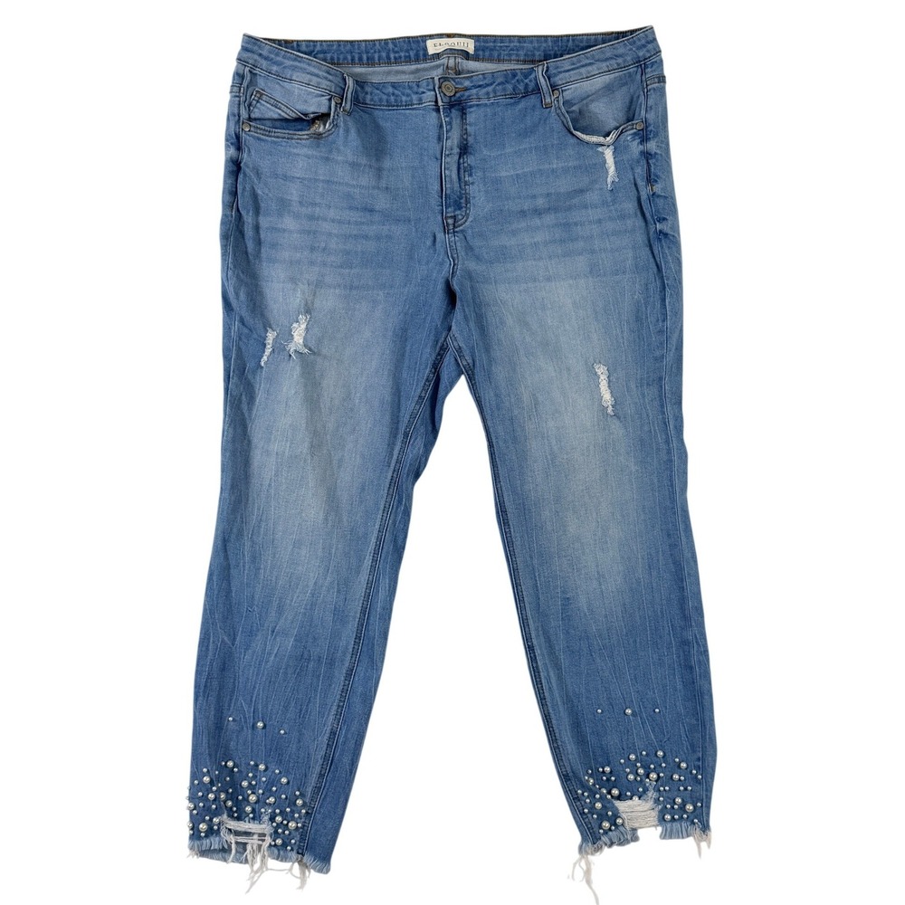 Eloquii Jeans Sz 22 Blue Distressed Pearl Embellished Cropped Raw Hem Denim